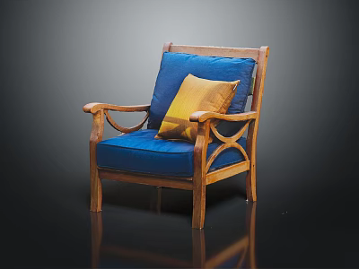 Comfortable Wooden Chair With Blue Cushion Yellow Pillow And Classic Armrest Design 3d model