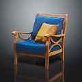 Comfortable Wooden Chair With Blue Cushion Yellow Pillow And Classic Armrest Design