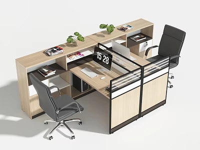 Modern Office Desk With Two Workstations Potted Plants Magazines Monitor And Digital Clock 3d model