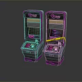 Two Pink Purple Illuminated Retro Computer Arcade Machines With Dream Screen Displays