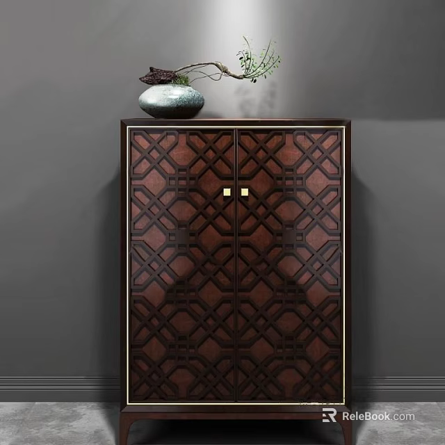 Dark Brown Entryway Side Cabinet With Geometric Pattern Doors And Vase On Top 3d model