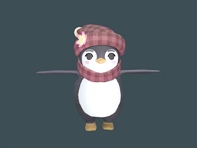 Cute Cartoon Penguin Wearing Plaid Hat With Pink Flower And Scarf 3d model