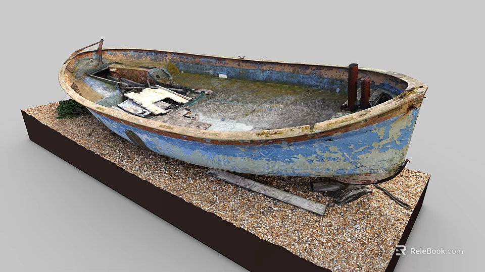 Vintage Weathered Blue Wooden Boat With Worn Paint On Gravel Platform 3d model 