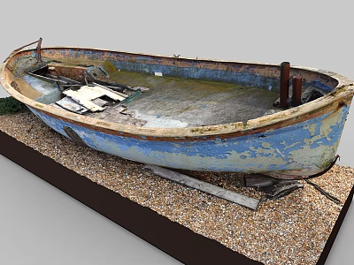 Vintage Weathered Blue Wooden Boat With Worn Paint On Gravel Platform 3d model