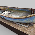 Vintage Weathered Blue Wooden Boat With Worn Paint On Gravel Platform