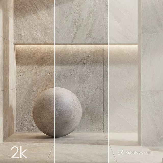 Circular Stone Ball Component On Beige Tile Wall With Layered Design And Soft Lighting 3d model