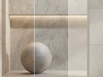 Circular Stone Ball Component On Beige Tile Wall With Layered Design And Soft Lighting 3d model