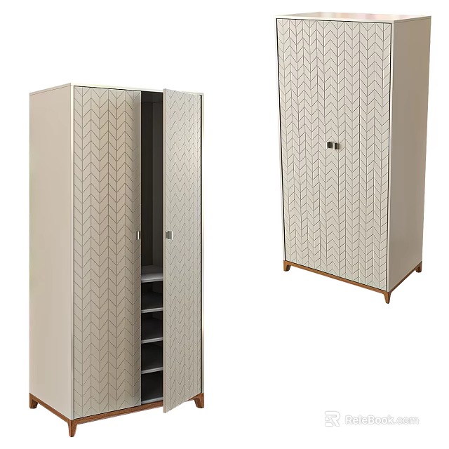 Modern Wardrobe With Herringbone Pattern Open Door Internal Shelves And Wooden Legs 3d model 