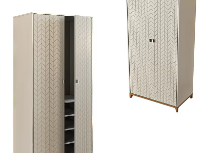 Modern Wardrobe With Herringbone Pattern Open Door Internal Shelves And Wooden Legs 3d model