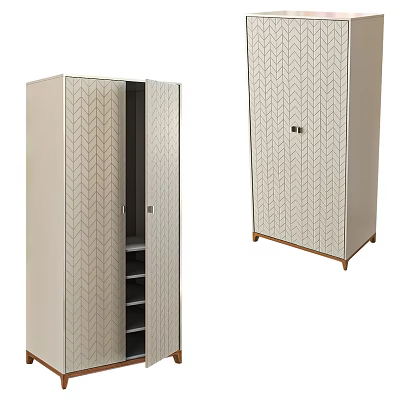 Modern Wardrobe With Herringbone Pattern Open Door Internal Shelves And Wooden Legs 3d model