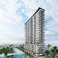 Modern Glass Facade High Rise Residential Apartment Building With Palm Trees And Blue Sky