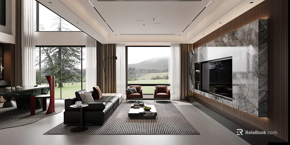 Modern Living and Dining Room Interior With Large Windows Mountain View And Black Leather Sofa 3d model 