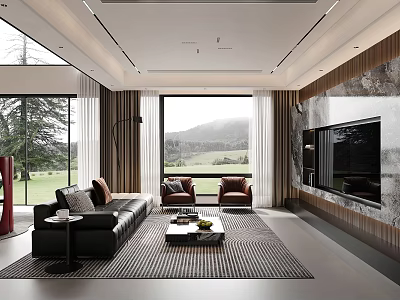 Modern Living and Dining Room Interior With Large Windows Mountain View And Black Leather Sofa 3d model
