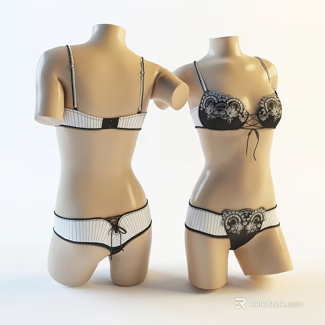 Mannequin Models Wearing Black And White Lace Lingerie Bra And Panty Set 3d model 