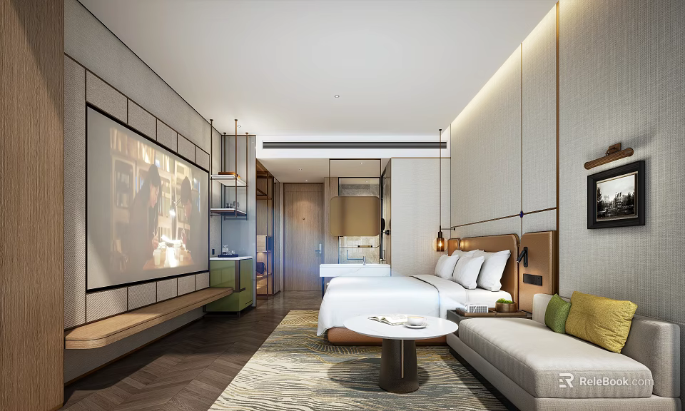 Modern Hotel Room Interior With King Bed Flat Screen TV And Sofa Seating 3d model