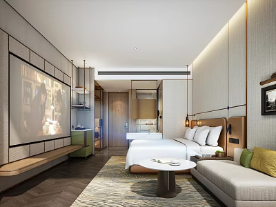 Modern Hotel Room Interior With King Bed Flat Screen TV And Sofa Seating 3d model