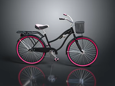 Stylish Black Bicycle With Pink Rims White Seat And Handlebar Basket 3d model