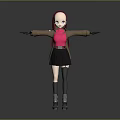 Game and Movie Character with Pink Hair Red Top Brown Coat Black Skirt Arms Outstretched