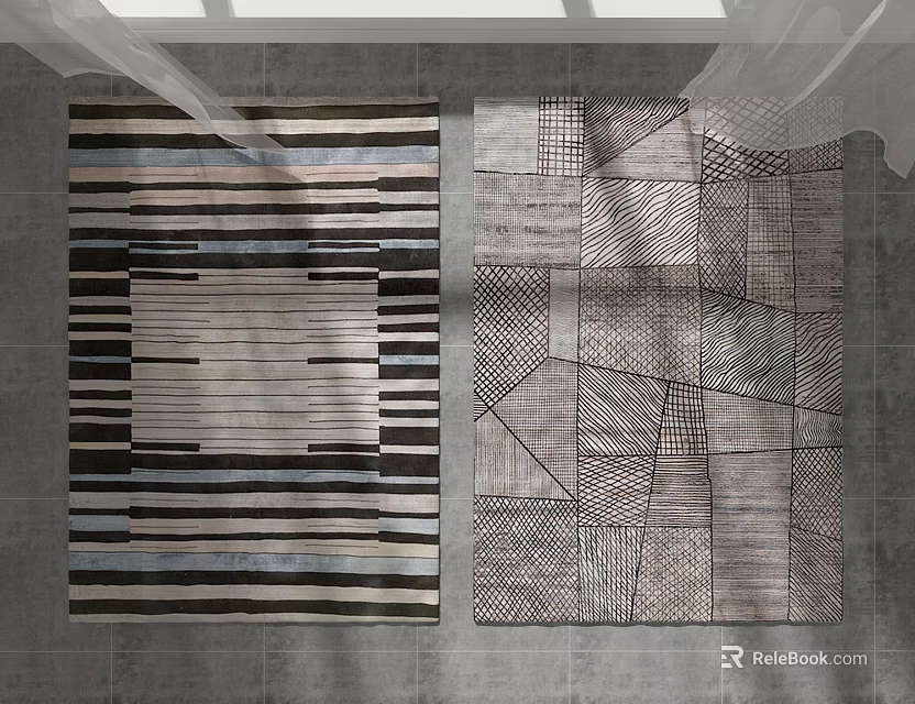 Modern Square Rugs With Striped And Geometric Patchwork Neutral Tones Design 3d model 
