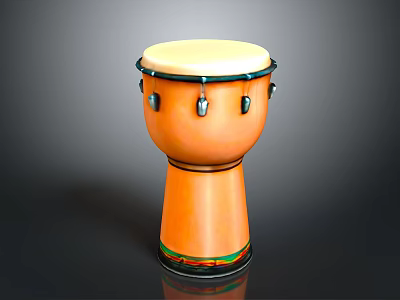 Orange Djembe Drum with White Drumhead Decorative Metal Rings and Colorful Stripes 3d model