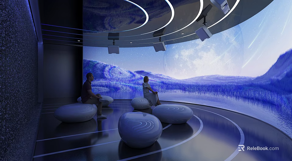 Immersive Experience Space With Curved Screen Blue Landscape Starry Sky White Round Cushions Circular Lights 3d model 