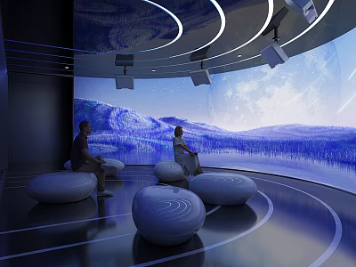 Immersive Experience Space With Curved Screen Blue Landscape Starry Sky White Round Cushions Circular Lights 3d model