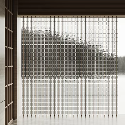 Modern Glass Room Divider With Grid Design And Natural Landscape View 3d model