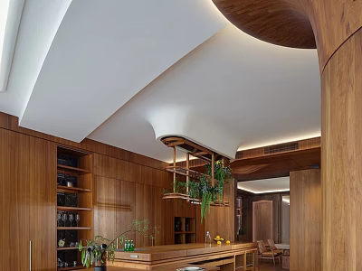 Modern Open Concept Restaurant Interior With Wooden Walls Hanging Lights Green Plants And Bar Counter 3d model