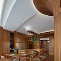 Modern Open Concept Restaurant Interior With Wooden Walls Hanging Lights Green Plants And Bar Counter