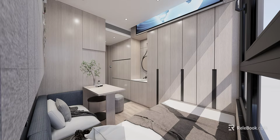 Modern Apartment Interior With Light Wooden Built in Wardrobes Small Desk Sofa And Minimalist Design 3d model 