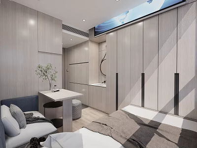 Modern Apartment Interior With Light Wooden Built in Wardrobes Small Desk Sofa And Minimalist Design 3d model