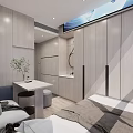 Modern Apartment Interior With Light Wooden Built in Wardrobes Small Desk Sofa And Minimalist Design