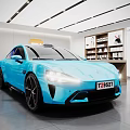 Modern MI Store Interior With Blue Car Display Shelves And Posters 3d model