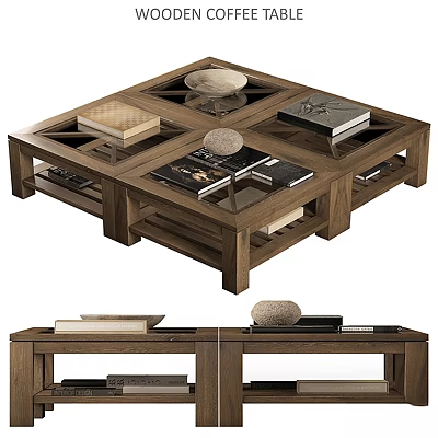 Modern Wooden Dining Table With Multi Layer Compartments Displaying Books And Stone Ornaments 3d model