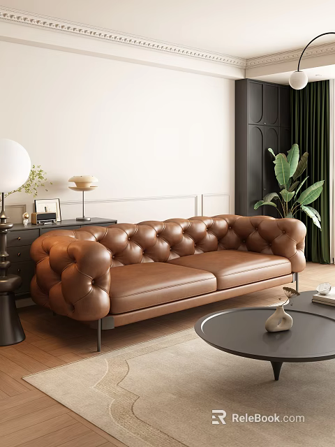 Modern Brown Leather Multi-seater Sofa With Tufted Design In Elegant Living Room Decor 3d model 