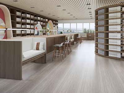 Book Art Inspired Library Interior With Curved Bookshelves Bench Counter And Wooden Floor 3d model