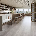 Book Art Inspired Library Interior With Curved Bookshelves Bench Counter And Wooden Floor