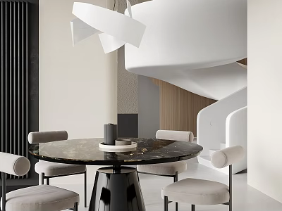 Modern Round Dining Table Set With Marble Top Beige Chairs And Pendant Light 3d model