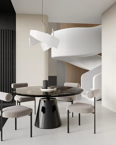 Modern Round Dining Table Set With Marble Top Beige Chairs And Pendant Light 3d model