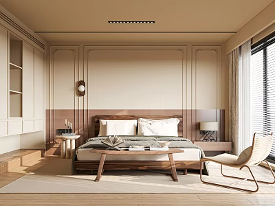 Elegant Modern Bedroom Interior Design With Beige Walls Wooden Headboard And Bedside Lamps 3d model