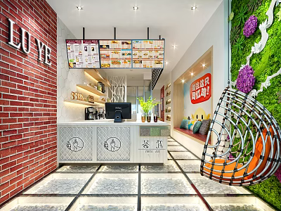 Cozy Milk Tea Shop Interior With Menu Boards Counter Green Plant Wall And Decorative Chair 3d model