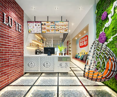 Cozy Milk Tea Shop Interior With Menu Boards Counter Green Plant Wall And Decorative Chair 3d model