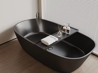 Black Freestanding Bathtub in Modern Bathroom with Wooden Floor Tray Towel and Aromatherapy Bottles 3d model