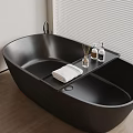 Black Freestanding Bathtub in Modern Bathroom with Wooden Floor Tray Towel and Aromatherapy Bottles