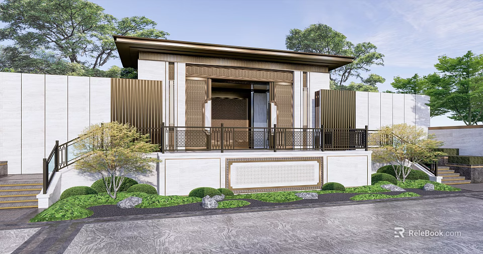 Chinese Style Entrance Gate With Sloped Roof Stone Steps And Lush Greenery 3d model 