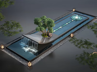 Modern Water Fountain With Waterfall Feature Decorative Trees And Surrounding Lights In Courtyard 3d model