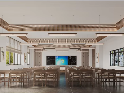 Modern School Classroom With Large Screen Tables Chairs Wooden Ceiling And Bright Windows 3d model