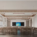 Modern School Classroom With Large Screen Tables Chairs Wooden Ceiling And Bright Windows