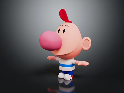 3D Game And Movie Character With Pink Big Nose Red Cap Blue White Striped Shirt 3d model