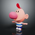 3D Game And Movie Character With Pink Big Nose Red Cap Blue White Striped Shirt
